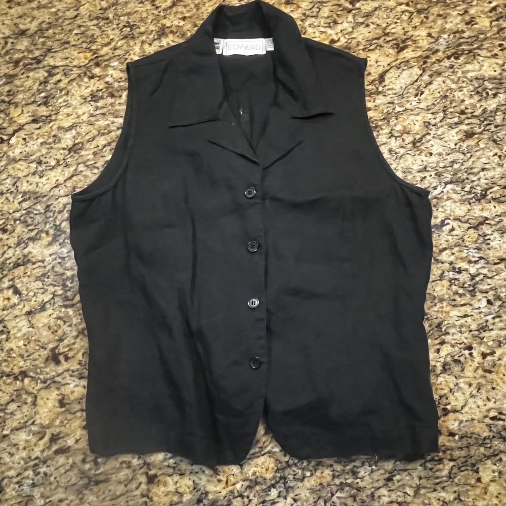 Vintage Edward Womens Black 100% Irish Linen Sleeveless Button Down Vest Large